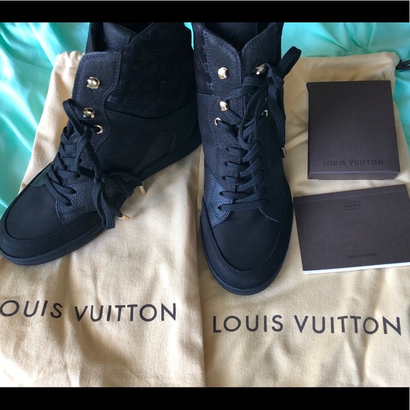 LOUIS VUITTON Calfskin Suede Monogram Cliff Top Wedge Sneakers